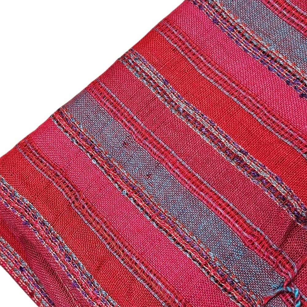 Open Hand India Pink Blue Striped Scarf‎ Tassels Lightweight Woven